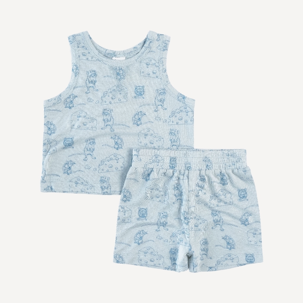 NWT 4T Kate Quinn Blue Mice & Cheese Modal Topstitch Tank Relaxed Short Set